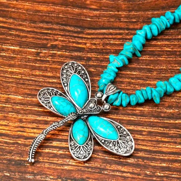 Necklace Turquoise Dragonfly Boho Native Southwest Lucky Trendy Stylish Bug Glam - Picture 2 of 3